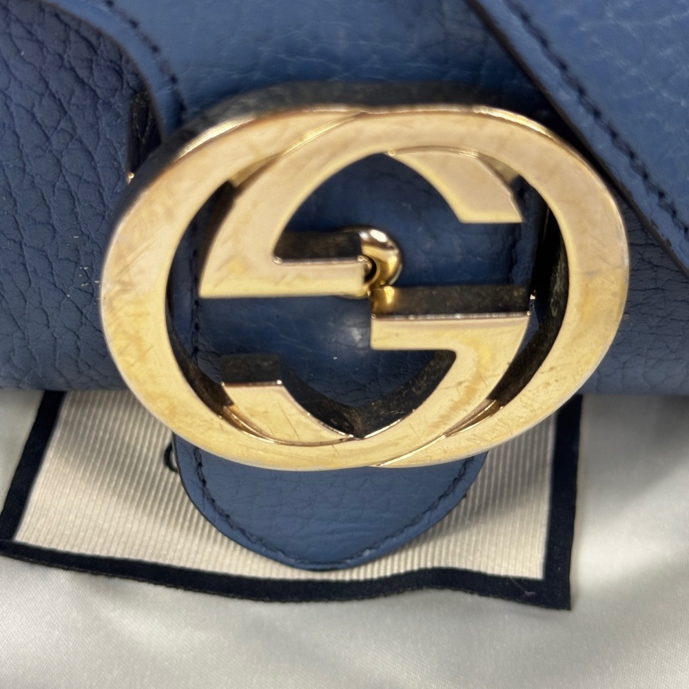 Gucci GG Interlocking Navy Leather Satchel with Gold Chain Made in Italy - Picture 5 of 15
